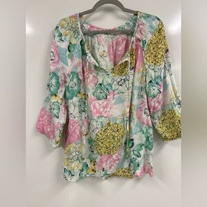 Charter Club 100% Linen Floral Peasant Top Cottagecore Boho Blouse Pastel size L